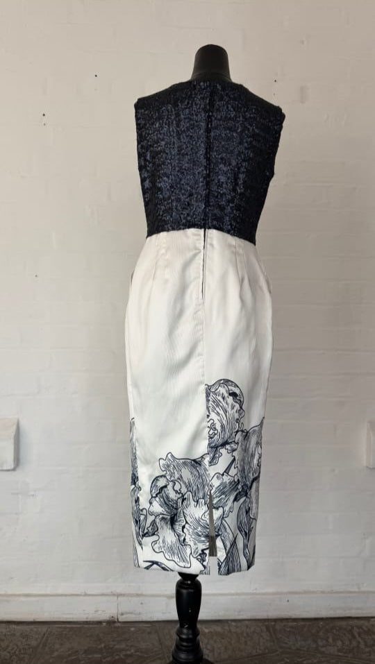Navy Sequin and Floral Print Midi Dress