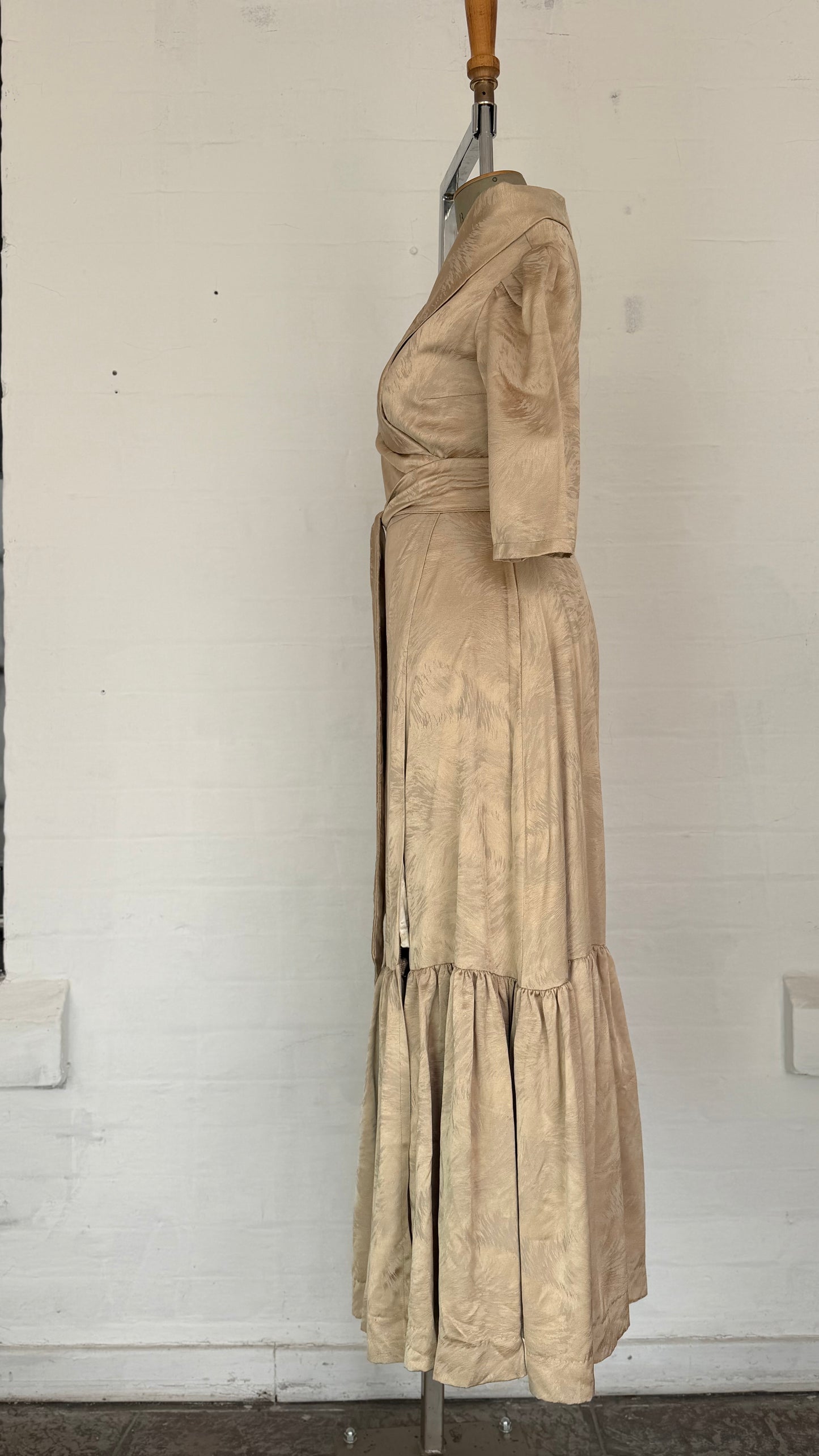 Beige Satin Wrap Off Shoulder Ruffle Hem Midi Dress