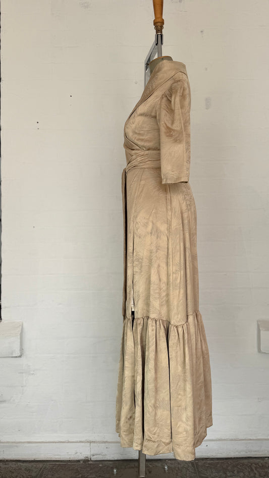 Beige Satin Wrap Off Shoulder Ruffle Hem Midi Dress