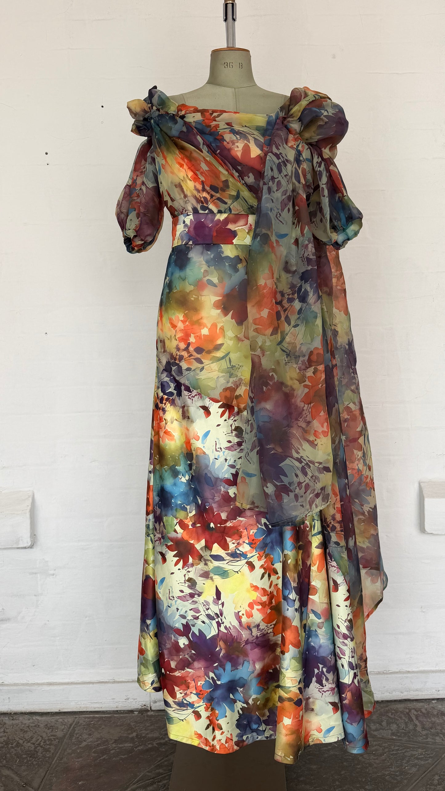 Watercolor Floral Off-Shoulder Button Back Maxi Dress