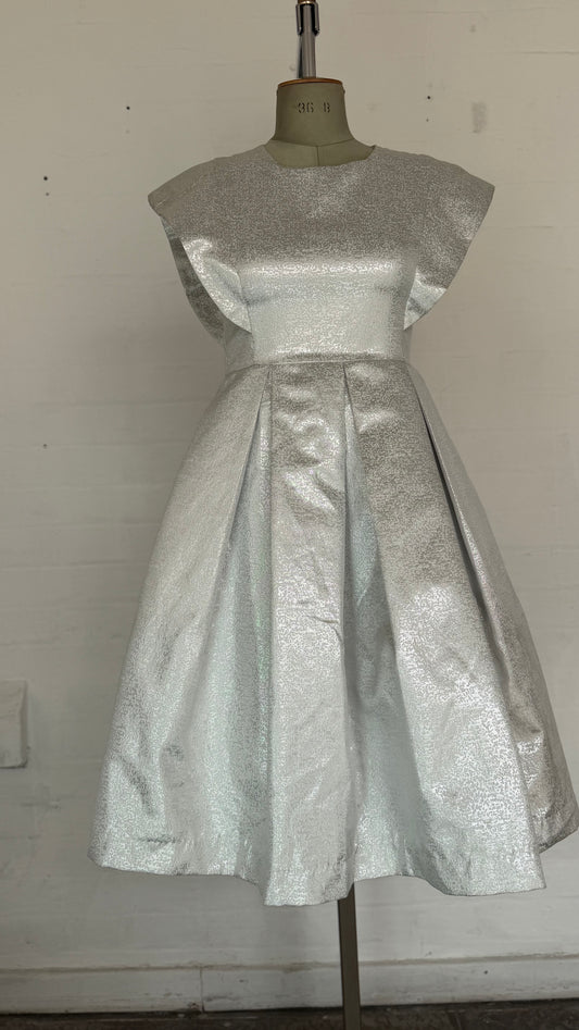 Silver Metallic Cap Sleeve Fit and Flare Mini Dress
