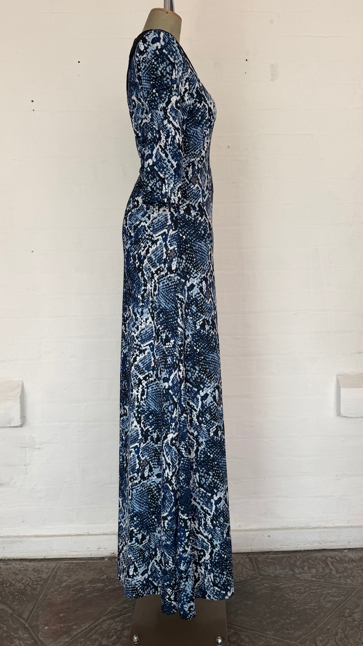Mesh Yoke Maxi Dress – Blue Snake Print
