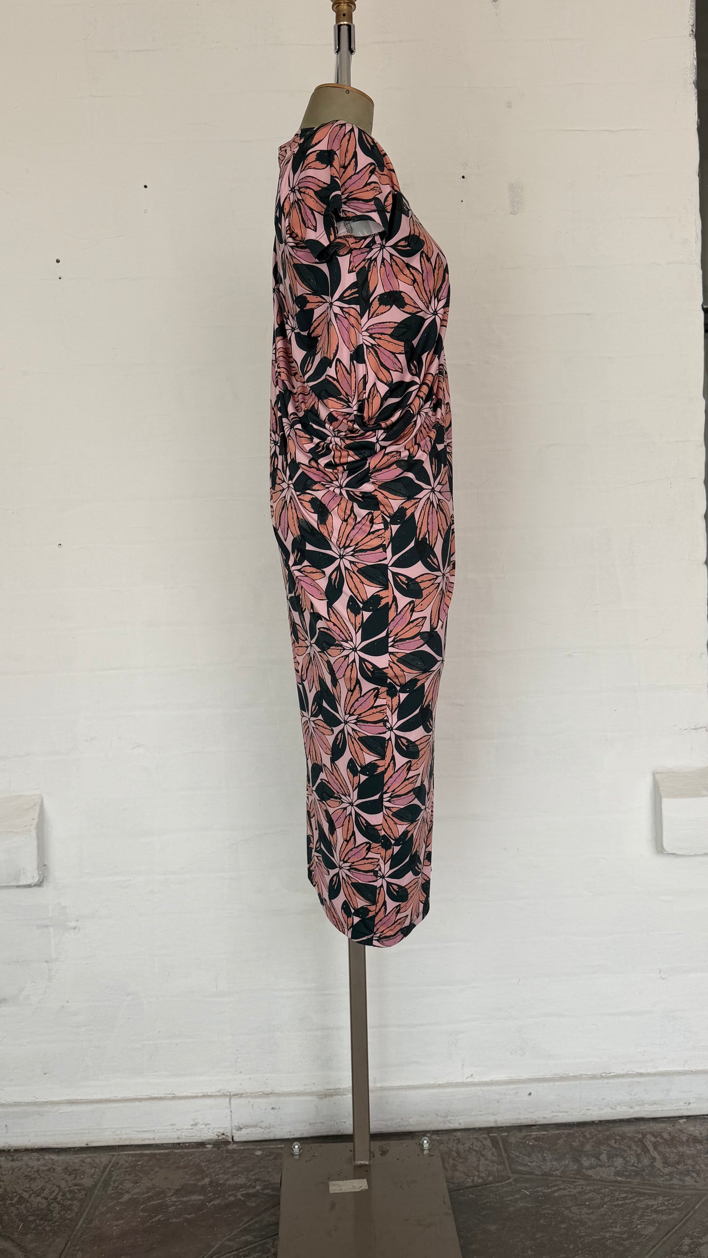 Pink Floral Ruched Side Midi Dress