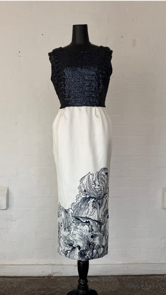 Navy Sequin and Floral Print Midi Dress