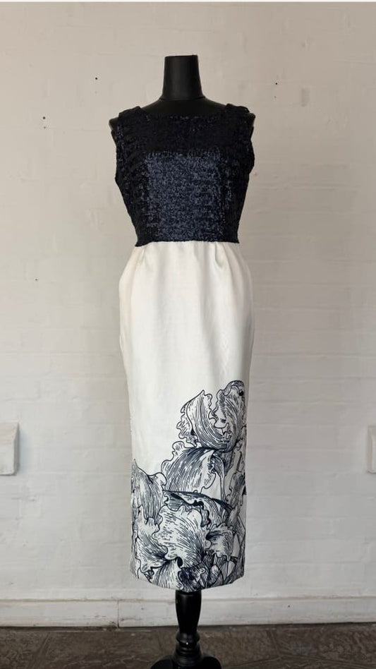 Navy Sequin and Floral Print Midi Dress