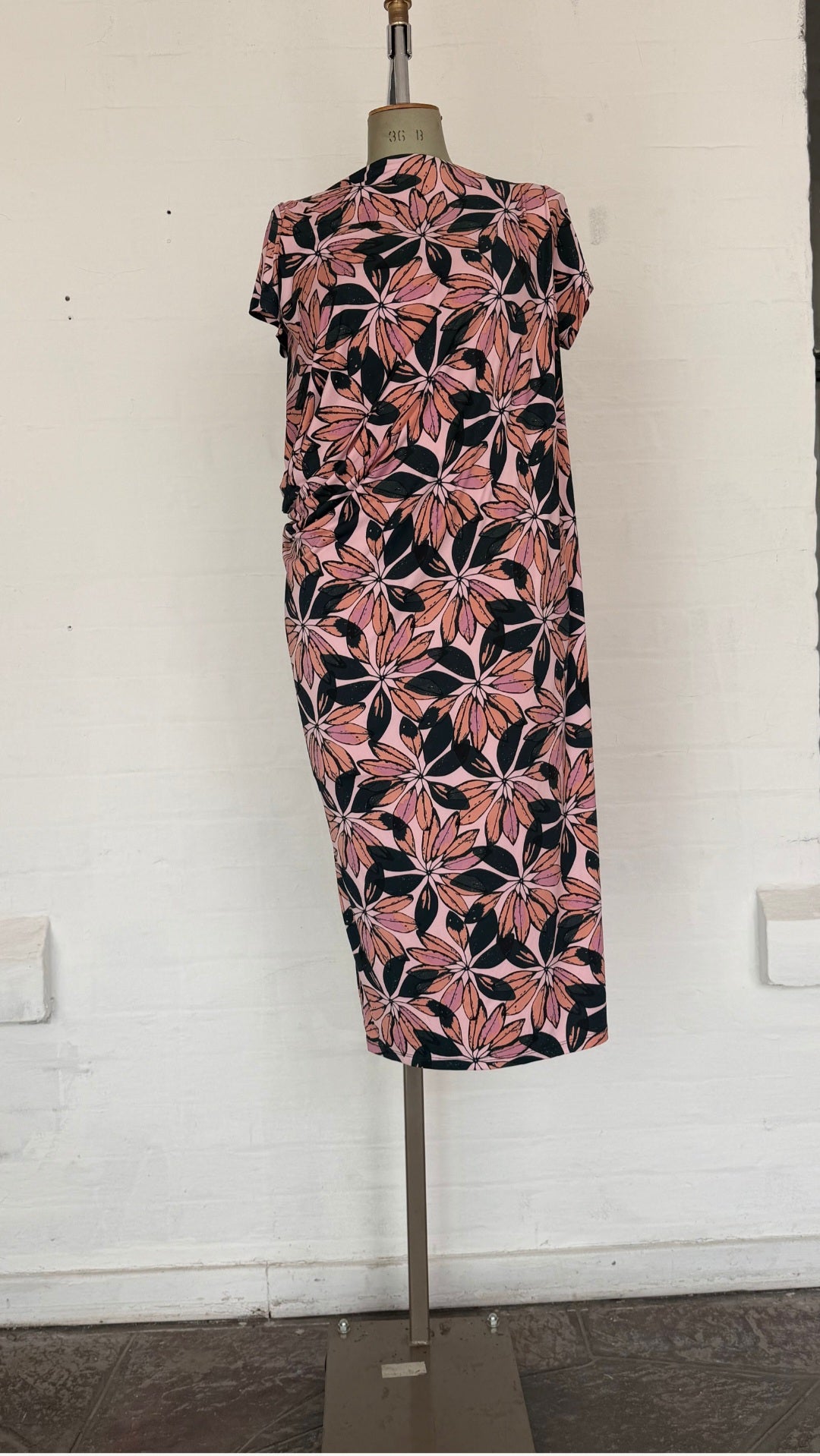 Pink Floral Ruched Side Midi Dress