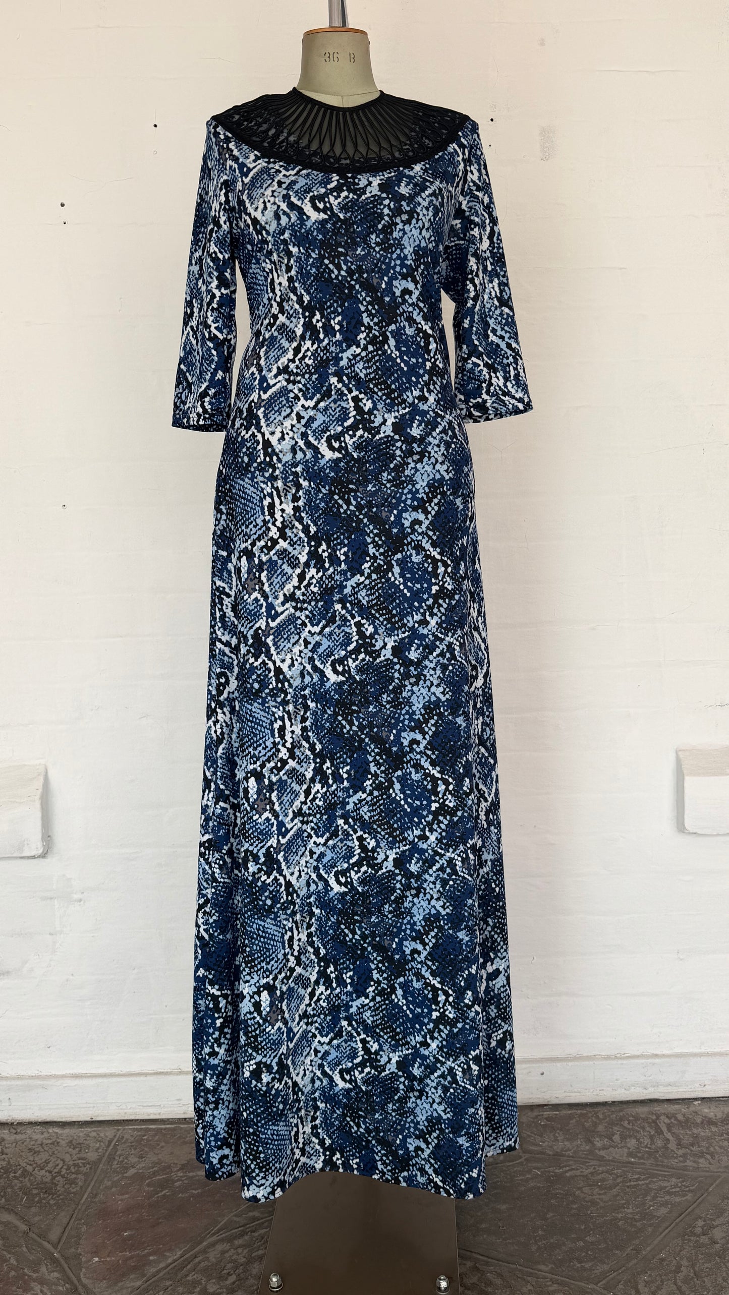 Mesh Yoke Maxi Dress – Blue Snake Print
