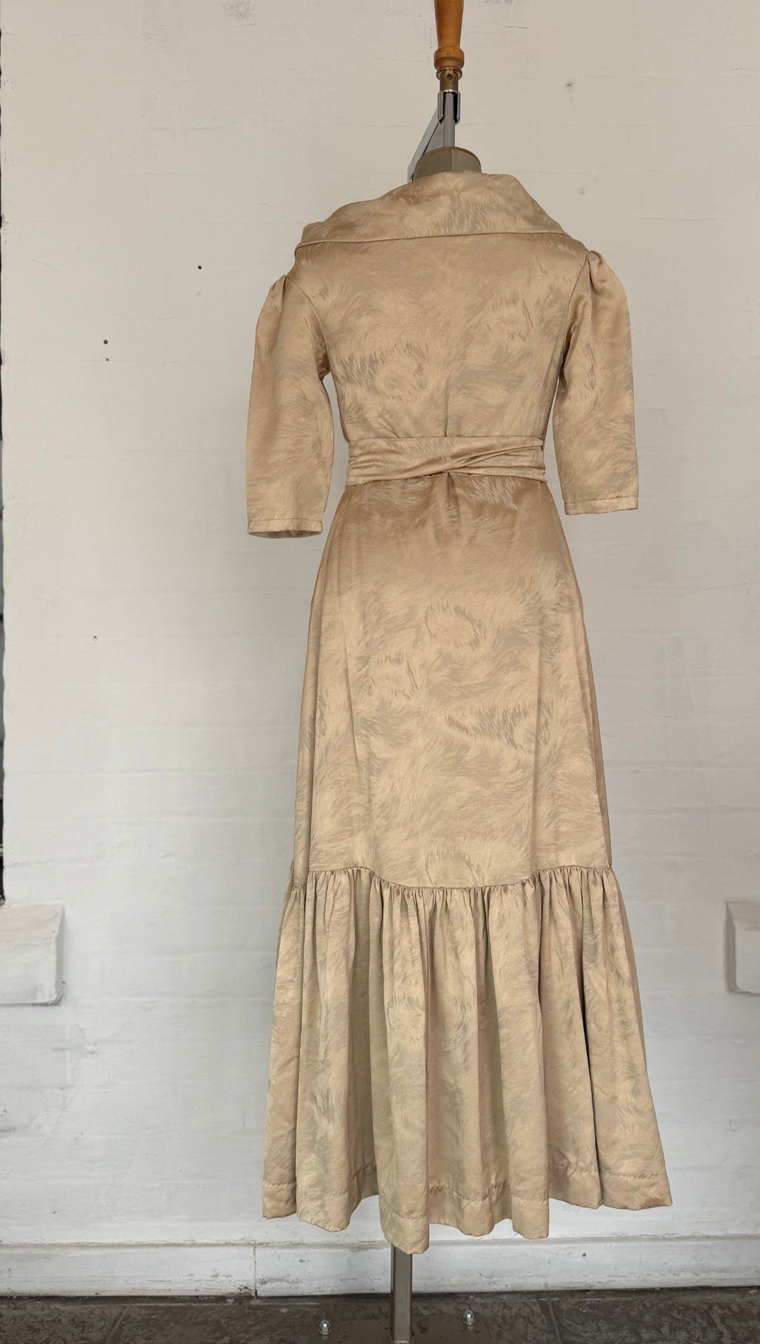 Beige Satin Wrap Off Shoulder Ruffle Hem Midi Dress